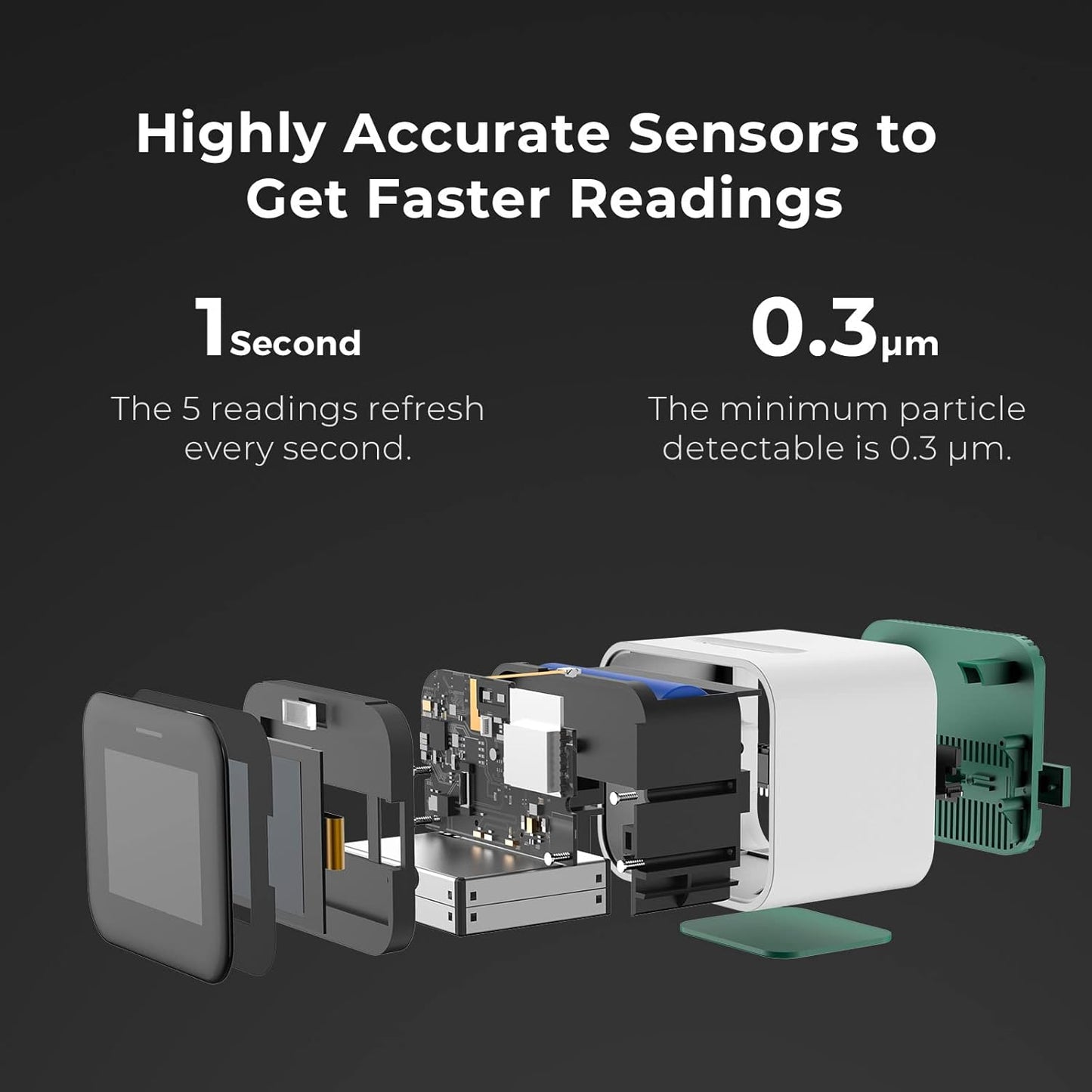 Highly accurate sensors Qingping Lite monitor with technical specifications on a dark background