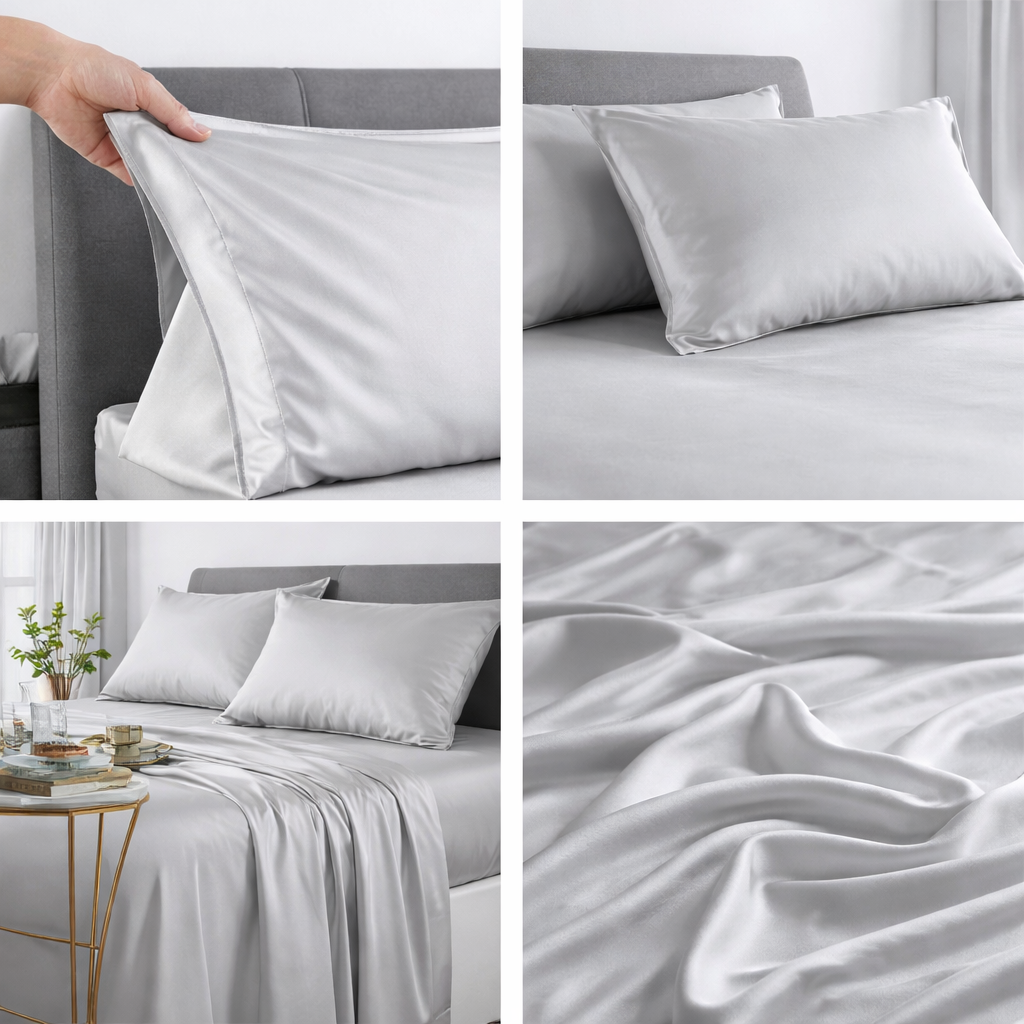 Collage of gray satin pillowcases and bed sheets on a bed. 1000TC bamboo cotton sheet set silver double soft smooth luxury bedding Dust Mite Allergy Solutions Australia