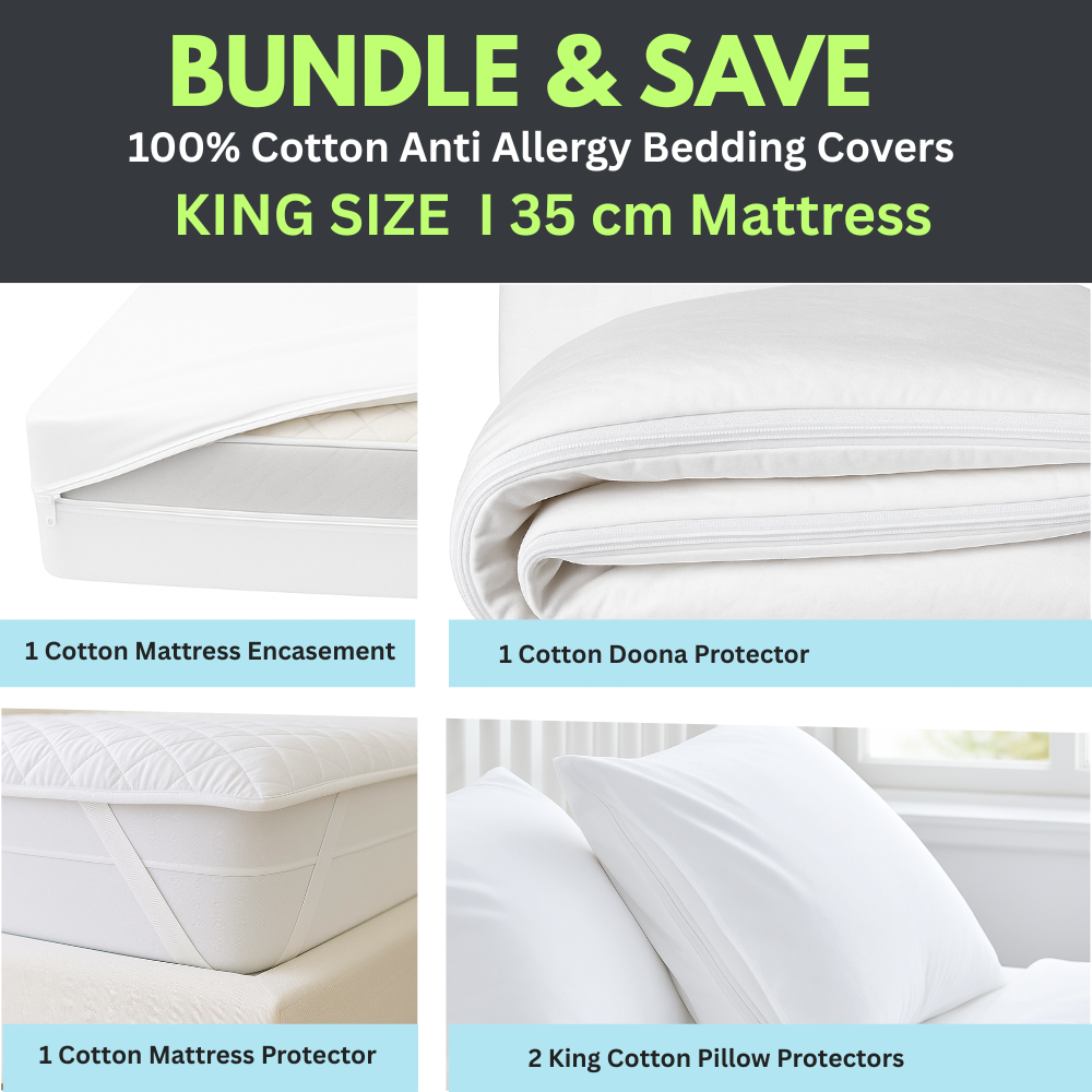 Dust Mite Covers for Bed Complete Set | 100% Cotton | KING SIZE | 35cm Mattress