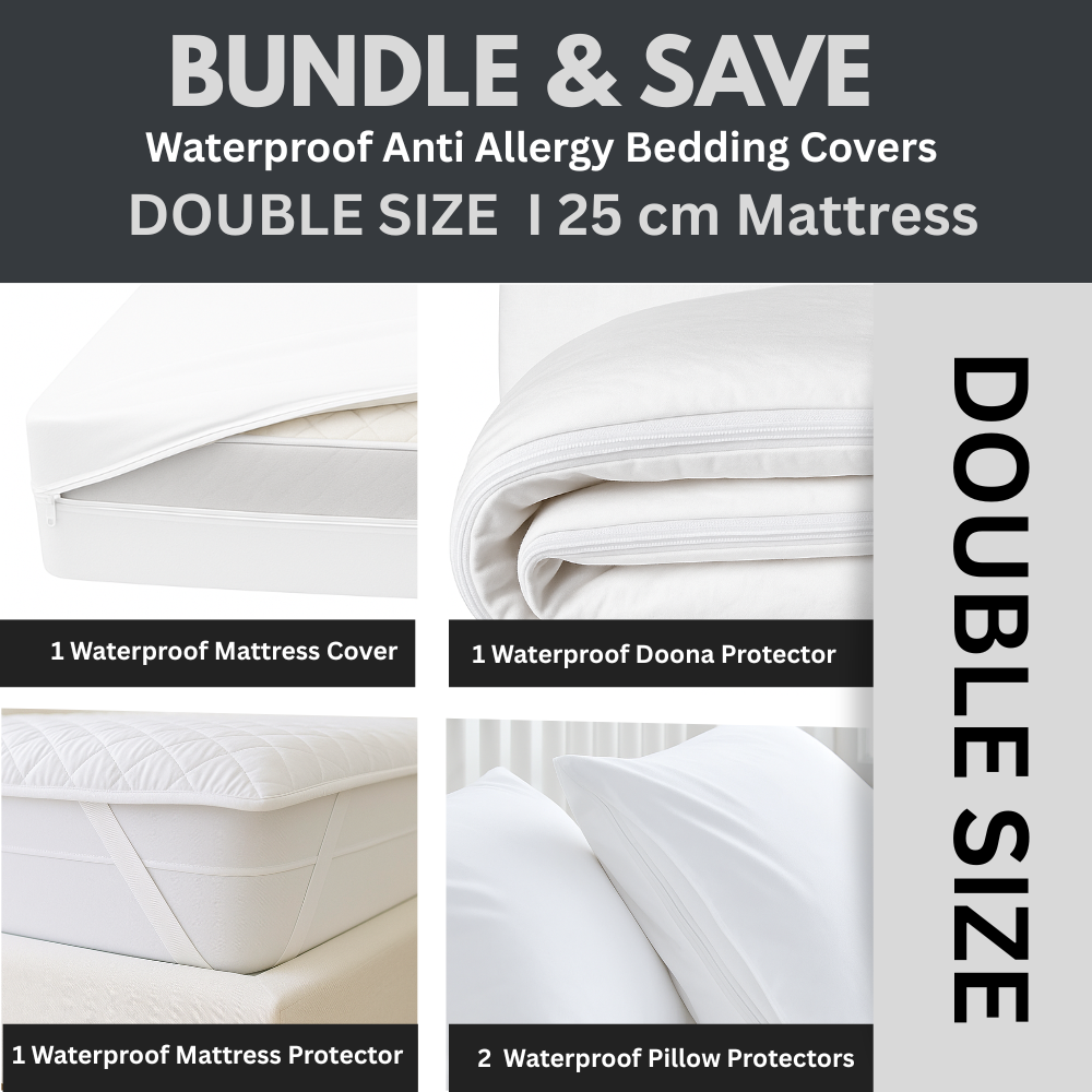 Sale on Waterproof anti-allergy dust mite protection bedding covers set for a double size mattress, duvet and pillows. Dust Mite Allergy Solutions Australia.