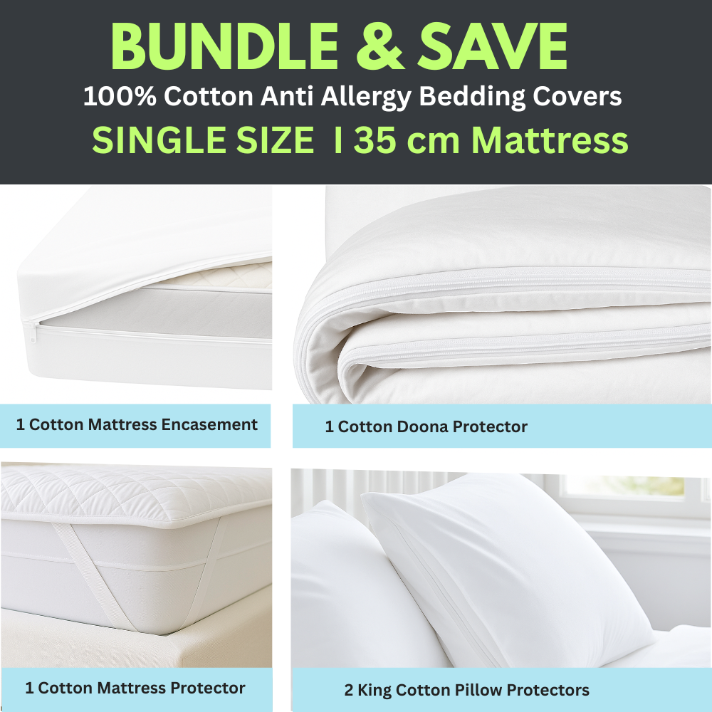 Dust Mite Covers for Bed Complete Set | 100% Cotton | Single Size | 35cm Mattress