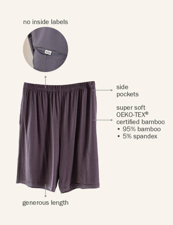 Feature graphic of dark gray organic bamboo shorts — OEKO-TEX certified, side pockets, no inside labels, generous length