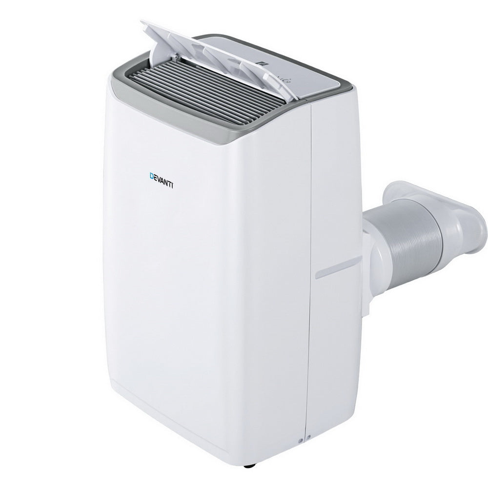 White portable air conditioner on a white background. Devanti Portable Air Conditioner Dehumidifier Fan.