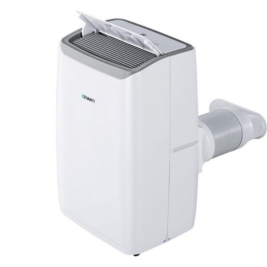 White portable air conditioner on a white background. Devanti Portable Air Conditioner Dehumidifier Fan.