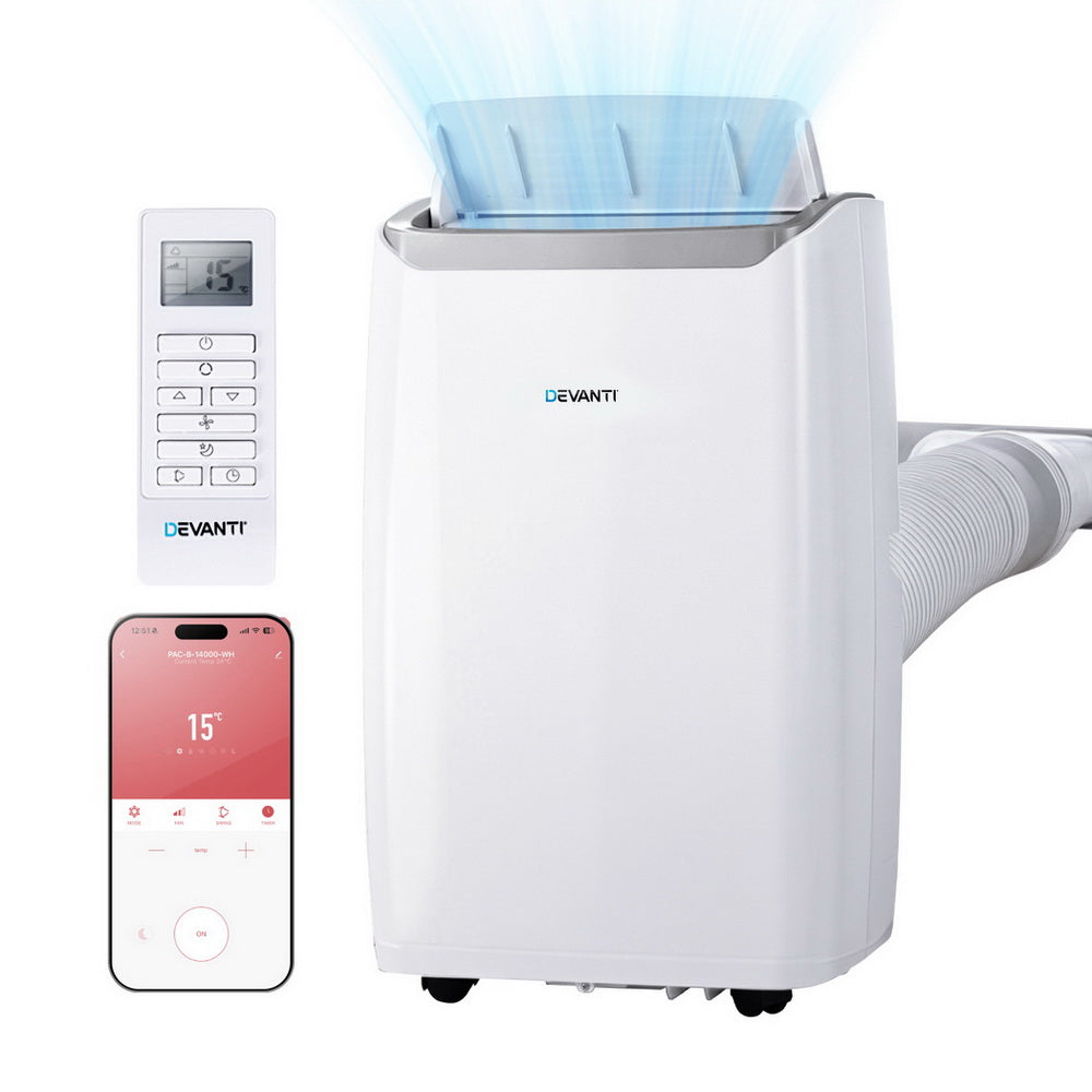 Portable air conditioner with remote control and smartphone app on a white background. Devanti Portable Air Conditioner Dehumidifier Fan