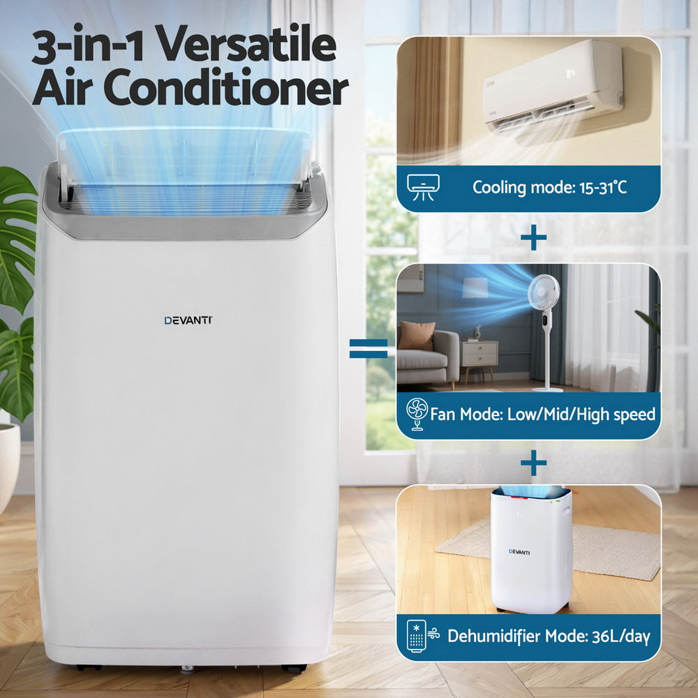 3-in-1 Versatile Air Conditioner with multiple modes on a white background. Devanti Portable Air Conditioner Dehumidifier Fan