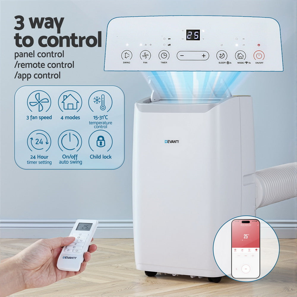 Portable air conditioner with control panel, remote control, and app control features on a light gray background. Devanti Portable Air Conditioner Dehumidifier Fan
