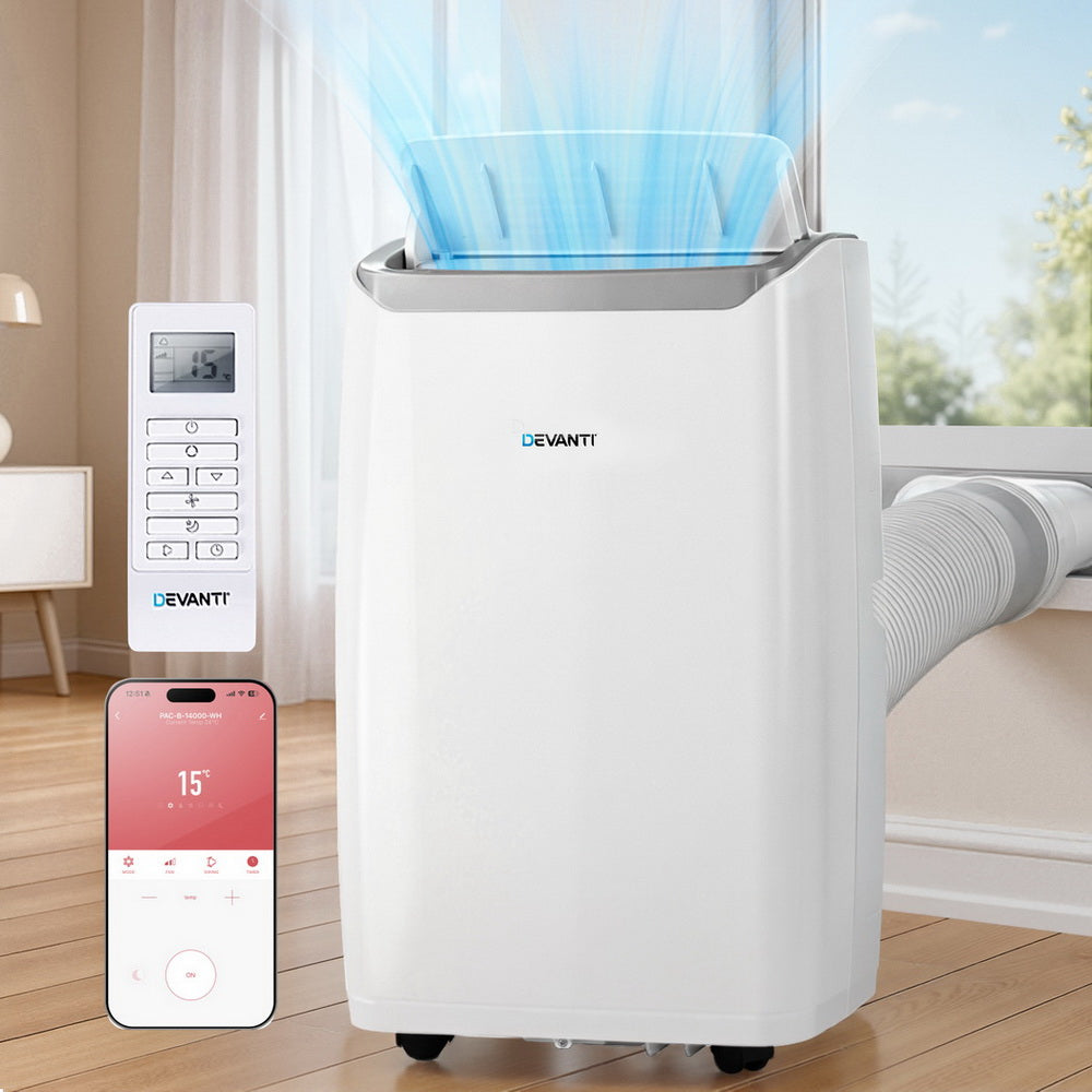 Portable air conditioner with remote control in a room with a window. Devanti Portable Air Conditioner Dehumidifier Fan