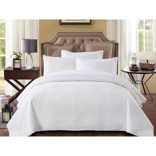 100% Cotton Quilted 3 pcs Bedspread Set I King I White