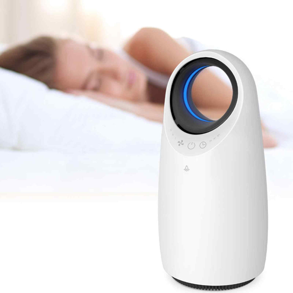White air purifier for dust mite allergy with blue light on a white background
