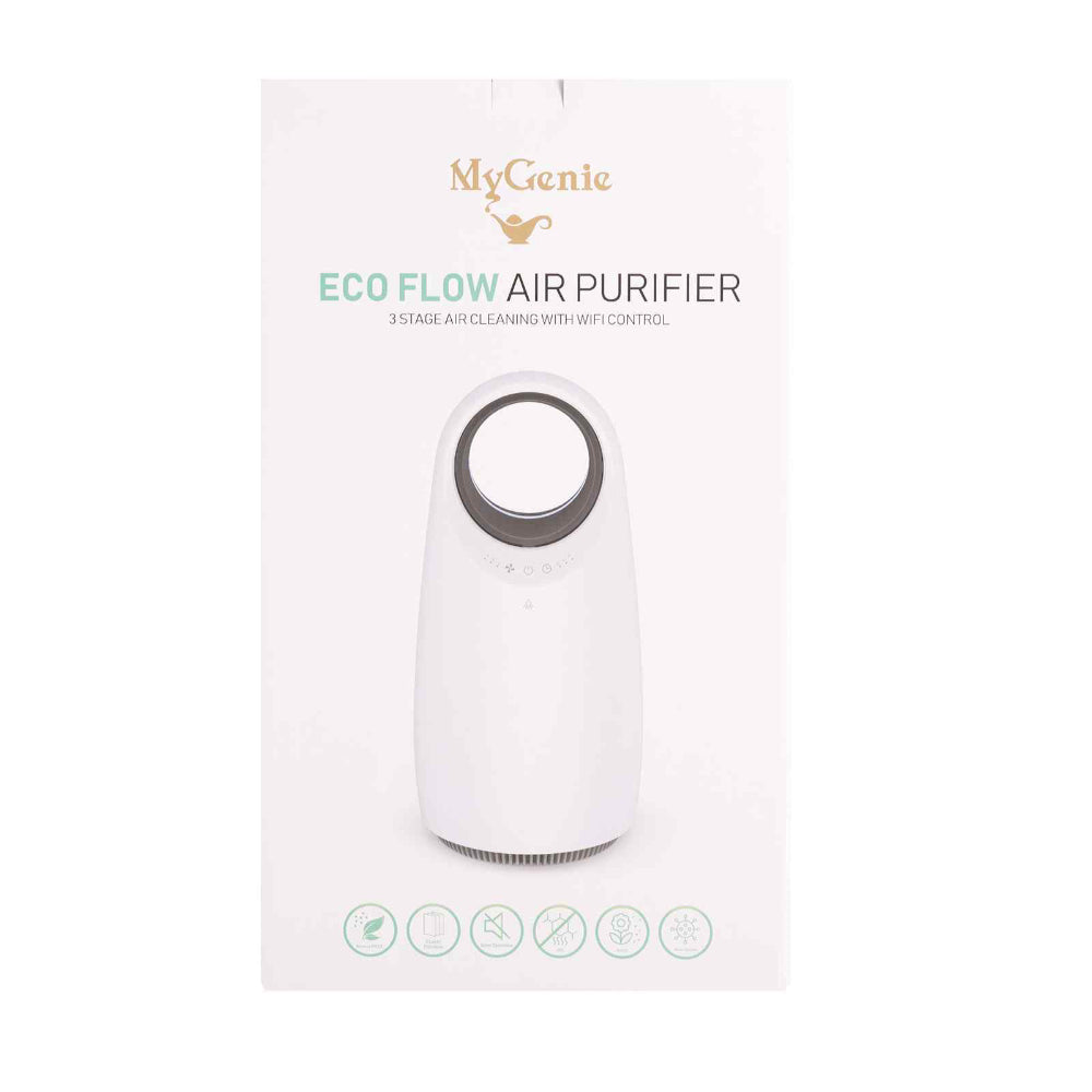 MyGenie Eco Flow Air Purifier packaging on a white background