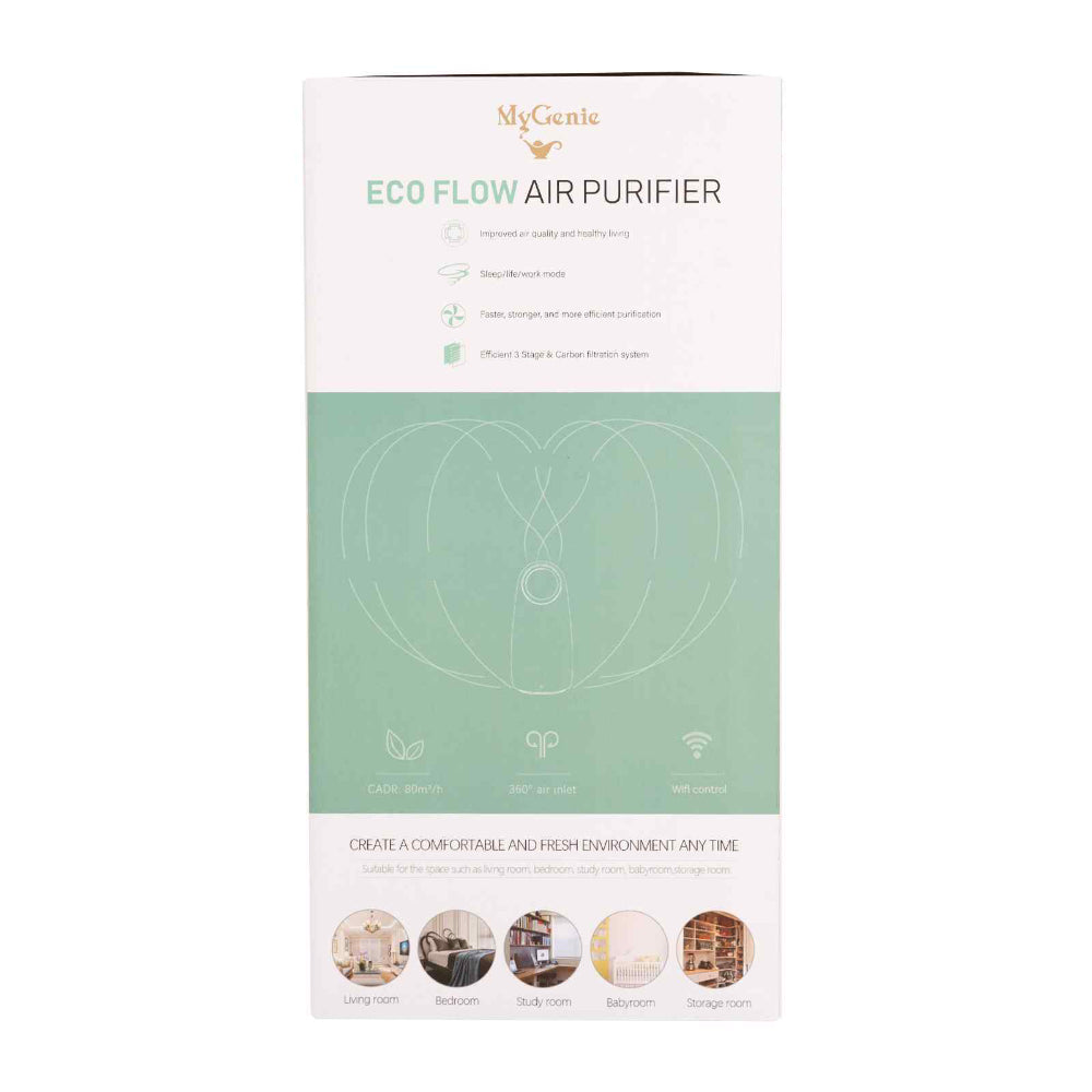 MyGenie Eco Flow Air Purifier packaging on a white background