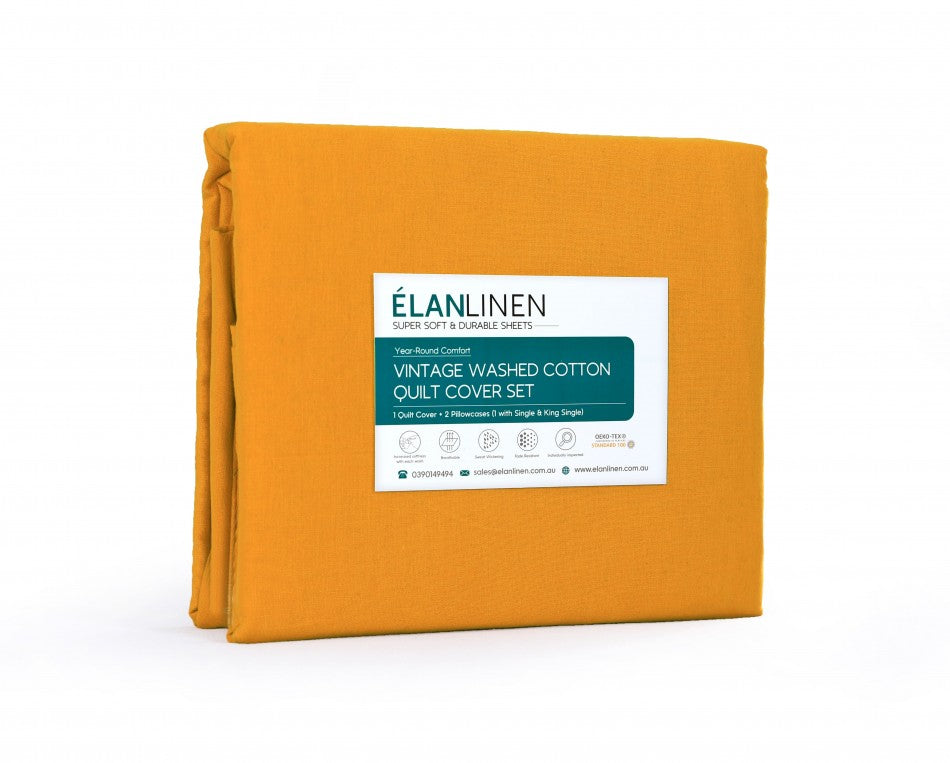 100% Egyptian Cotton Vintage Washed 500TC Mustard - Super King - Quilt Cover Set