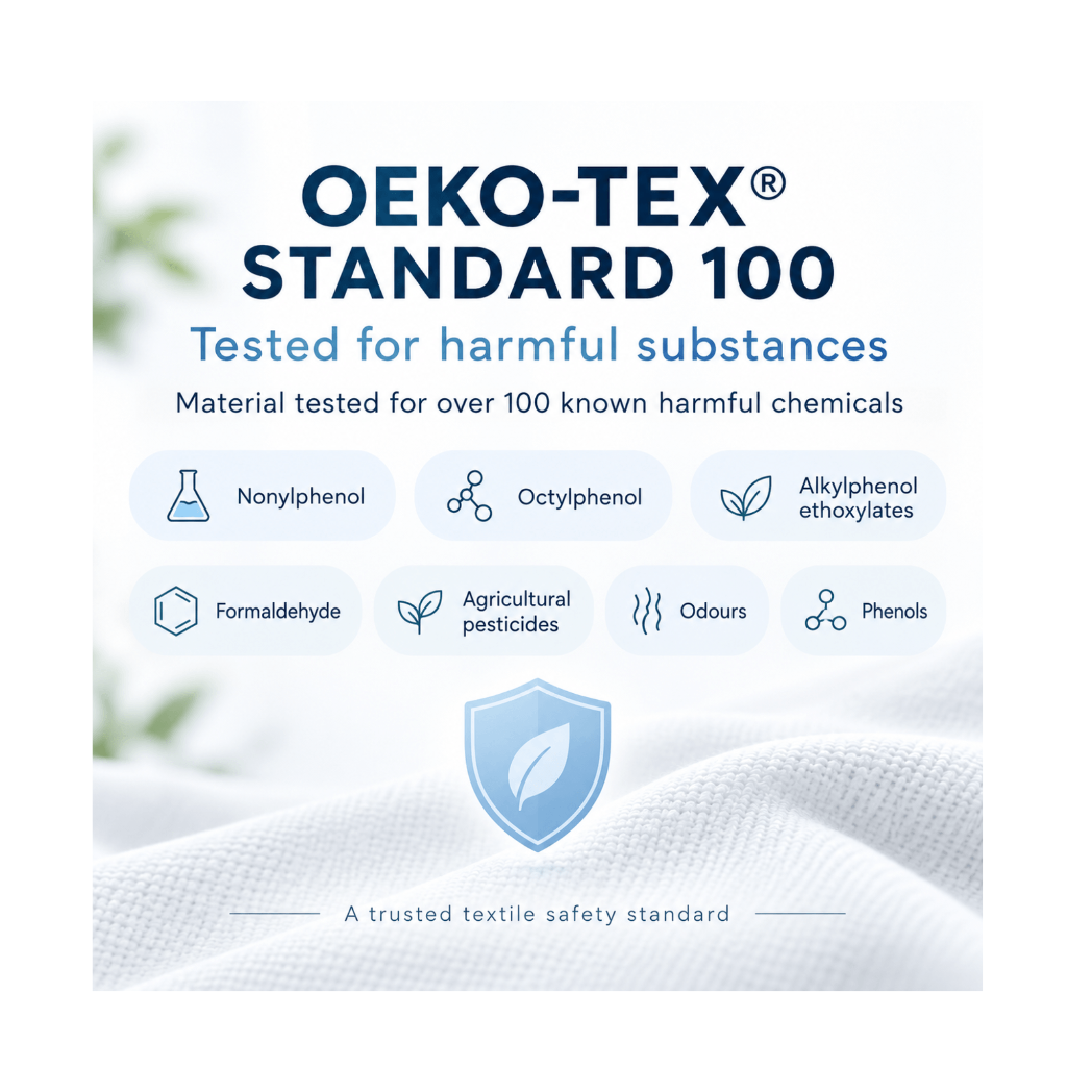 OEKO-TEX Standard 100 certification graphic with text stating it is tested for harmful substances, shown over a white textured fabric background with blue accents and icons for various chemicals.