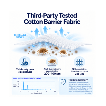 An infographic explaining the benefits of third-party tested cotton barrier fabric. It features a white mesh fabric barrier with blue arrows indicating breathable airflow, dust mites being blocked, and a pore size distribution graph at the bottom left.