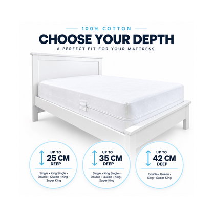 100% cotton dust mite mattress protector on a white wooden bed frame with a mattress shown on a clean white background, with text reading '100% COTTON CHOOSE YOUR DEPTH' and three circular depth options: up to 25 cm, 35 cm, and 42 cm.
