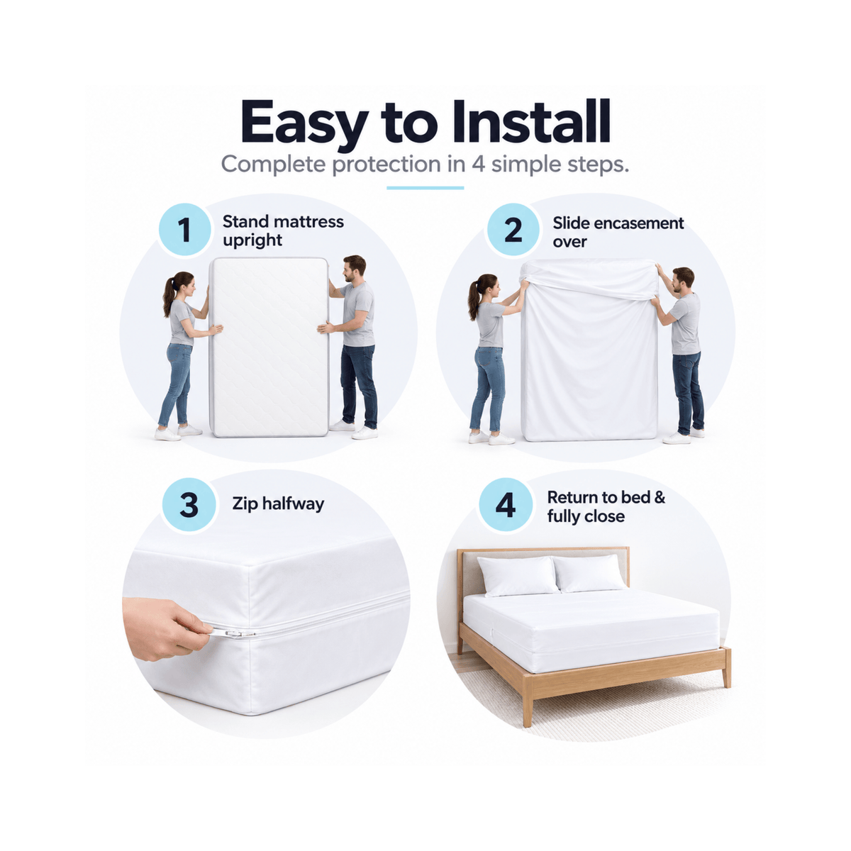 Installation guide graphic showing installation of dust mite mattress protector in four steps: standing the mattress upright, sliding the protector over the mattress, zipping it halfway, and returning it to the bed. The text at the top reads 'Easy to Install' and 'Complete protection in 4 simple steps.