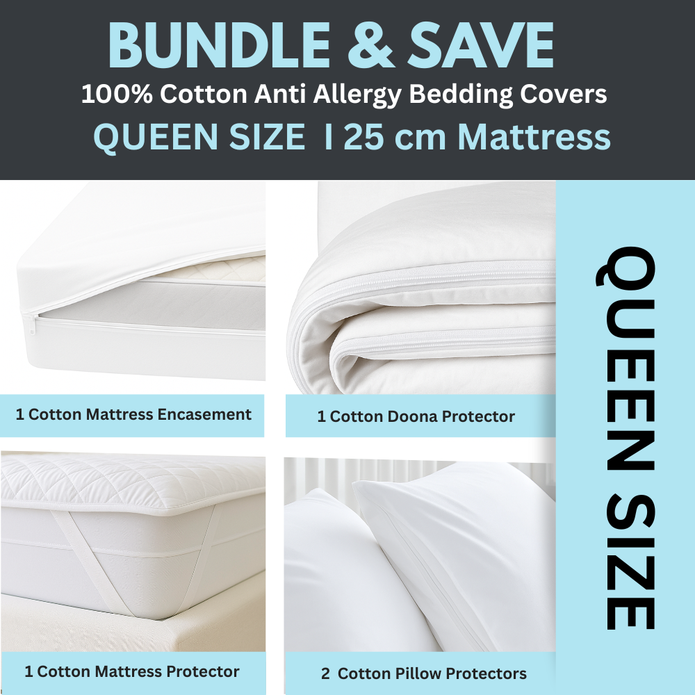 Queen bed with 100% cotton dust mite allergy bedding protector bundle - Dust Mite Allergy Solutions Australia