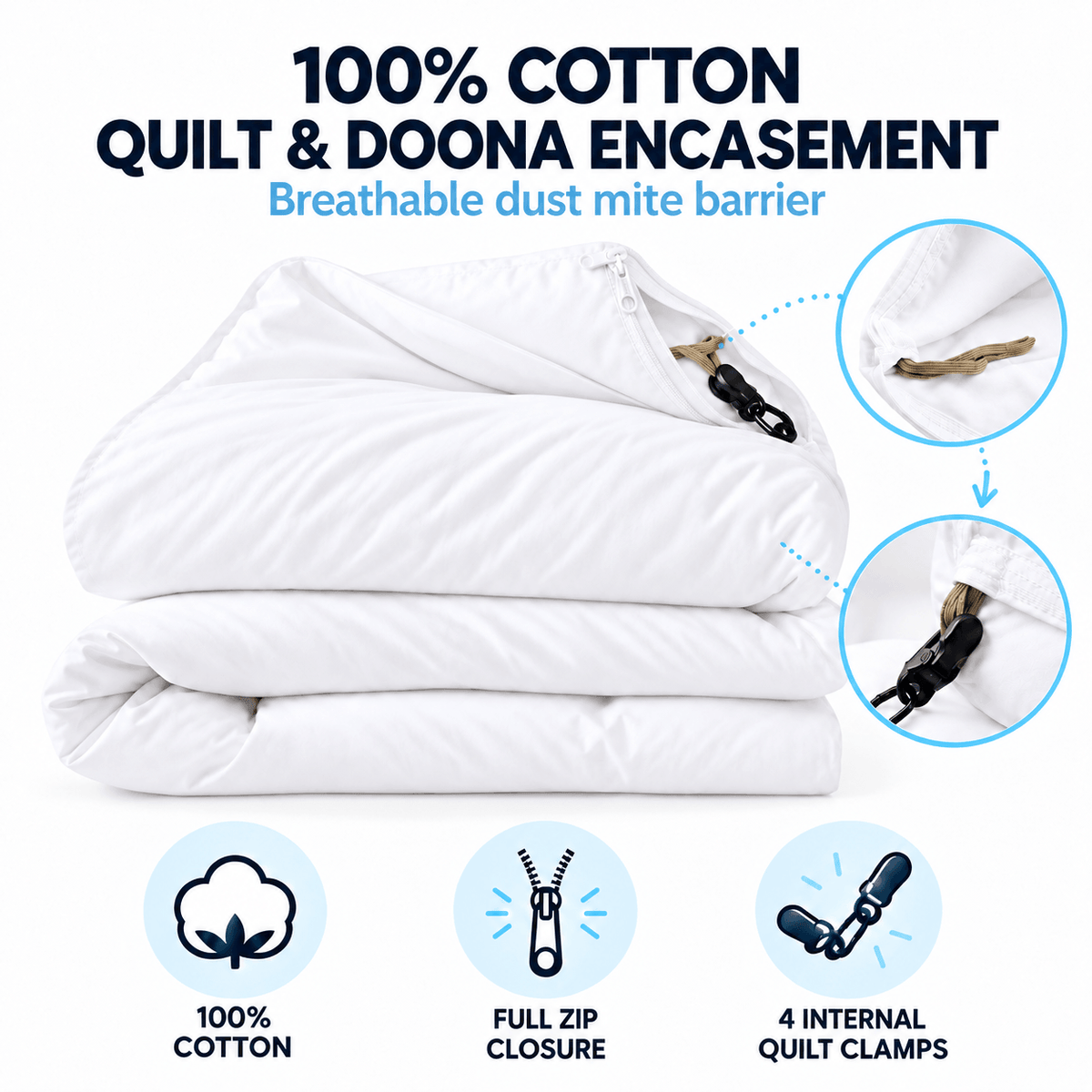 A folded white dust mite quilt protector
