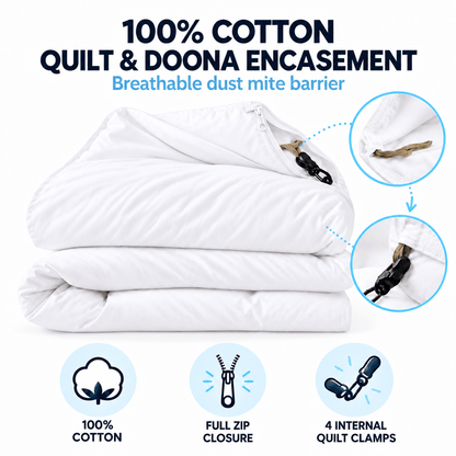 A folded white dust mite quilt protector