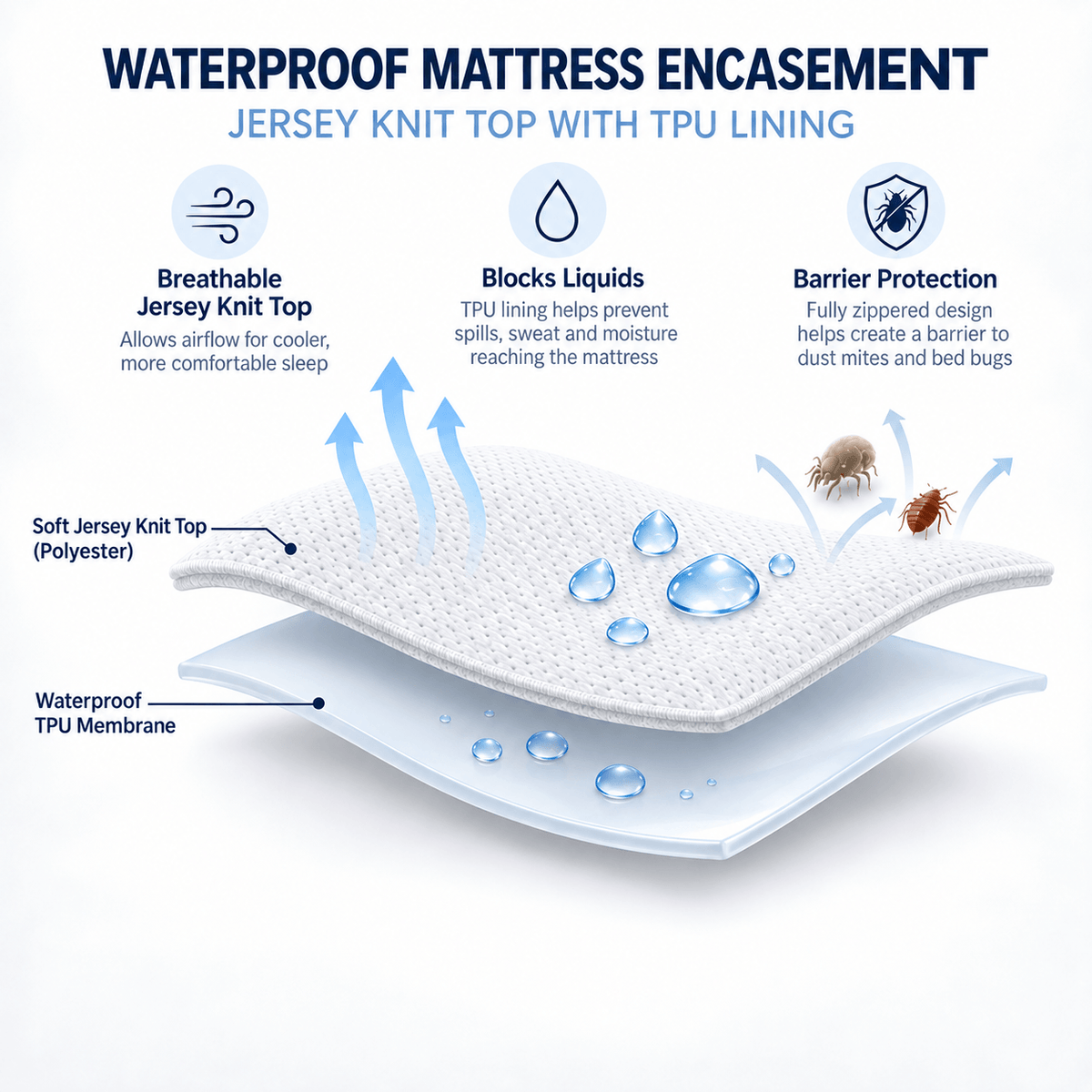Waterproof mattress encasement diagram: breathable jersey knit top over a TPU lining that blocks liquids, fully zippered