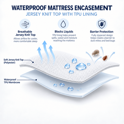Waterproof mattress encasement diagram: breathable jersey knit top over a TPU lining that blocks liquids, fully zippered