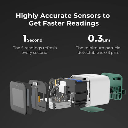 Highly accurate sensors Qingping Lite monitor with technical specifications on a dark background