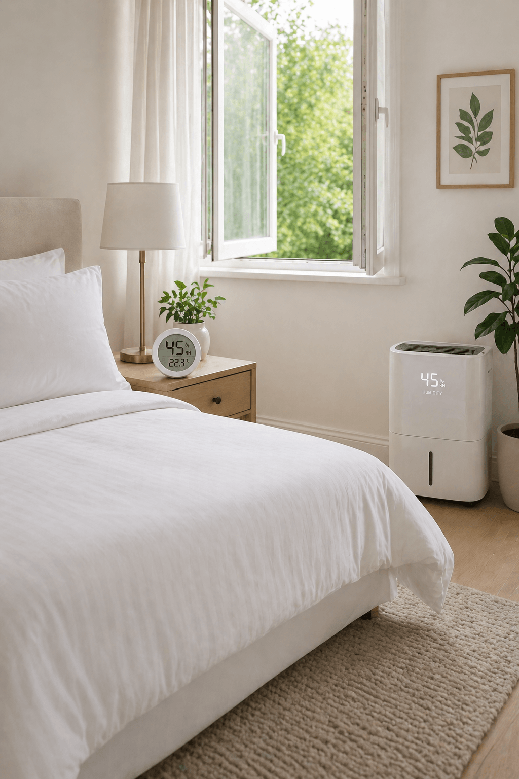 Bedroom hygrometer measuring humidity for dust mite control. Australian allergy-aware home