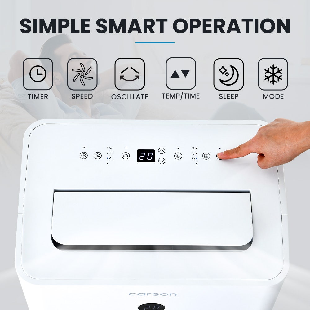 Air conditioner with control panel and 'Carson' branding, featuring simple smart operation icons.