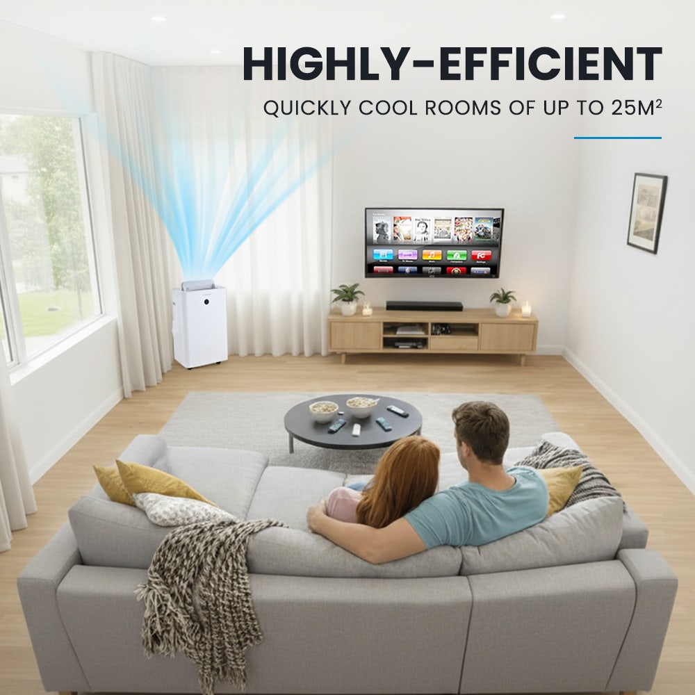 Living room with a couple on a sofa, air conditioner, and TV.