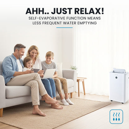 Family sitting on a couch using a tablet with a dehumidifier in the background, text indicating self-evaporative function.