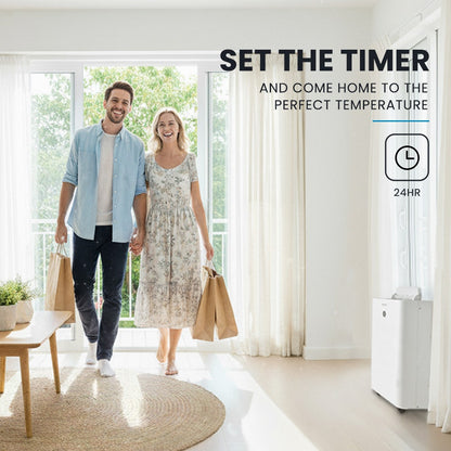 Man and woman holding hands in a modern living room with text about setting a timer for perfect temperature.