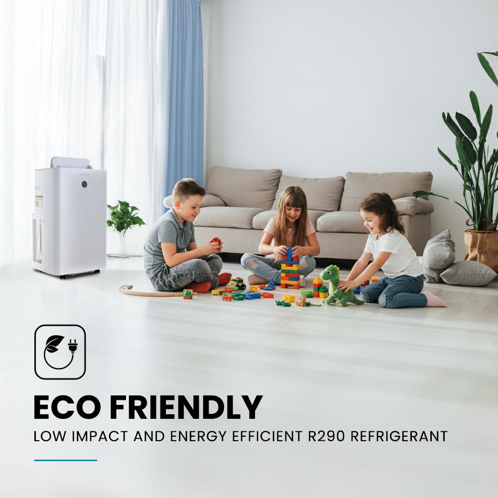 Children playing with toys in a living room with an eco-friendly refrigerator in the background.