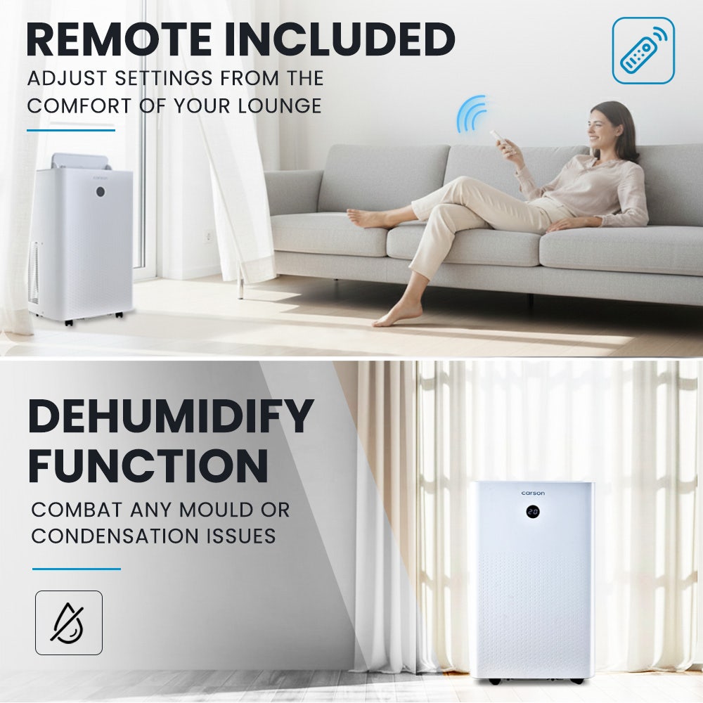 Advertisement for a dehumidifier with remote control, showing a woman using it in a living room.