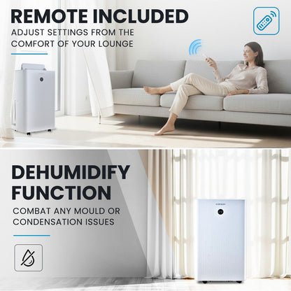 Advertisement for a dehumidifier with remote control, showing a woman using it in a living room.