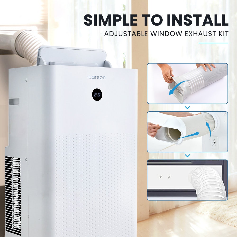 Carson air conditioner with adjustable window exhaust kit installation instructions on a beige wall background.
