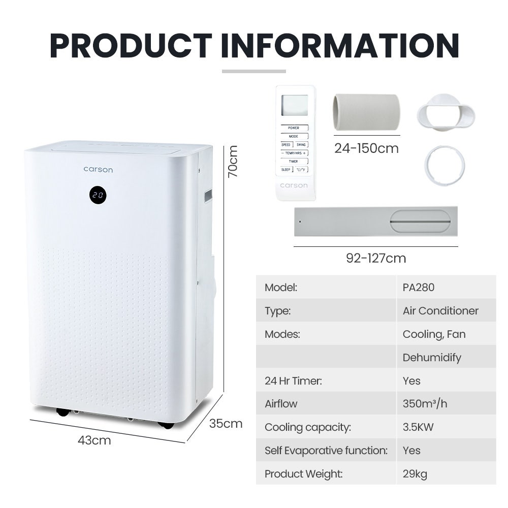 Carson air conditioner with dimensions and features listed on a white background
