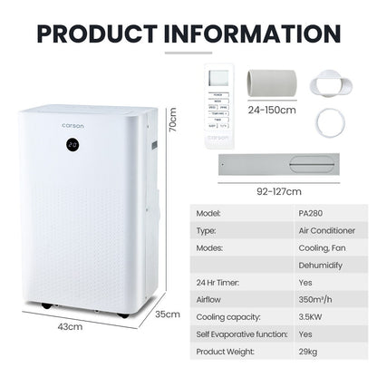 Carson air conditioner with dimensions and features listed on a white background