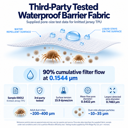Third-party tested waterproof barrier fabric: knitted jersey TPU with 90% cumulative filter flow at 0.1544 µm pore size