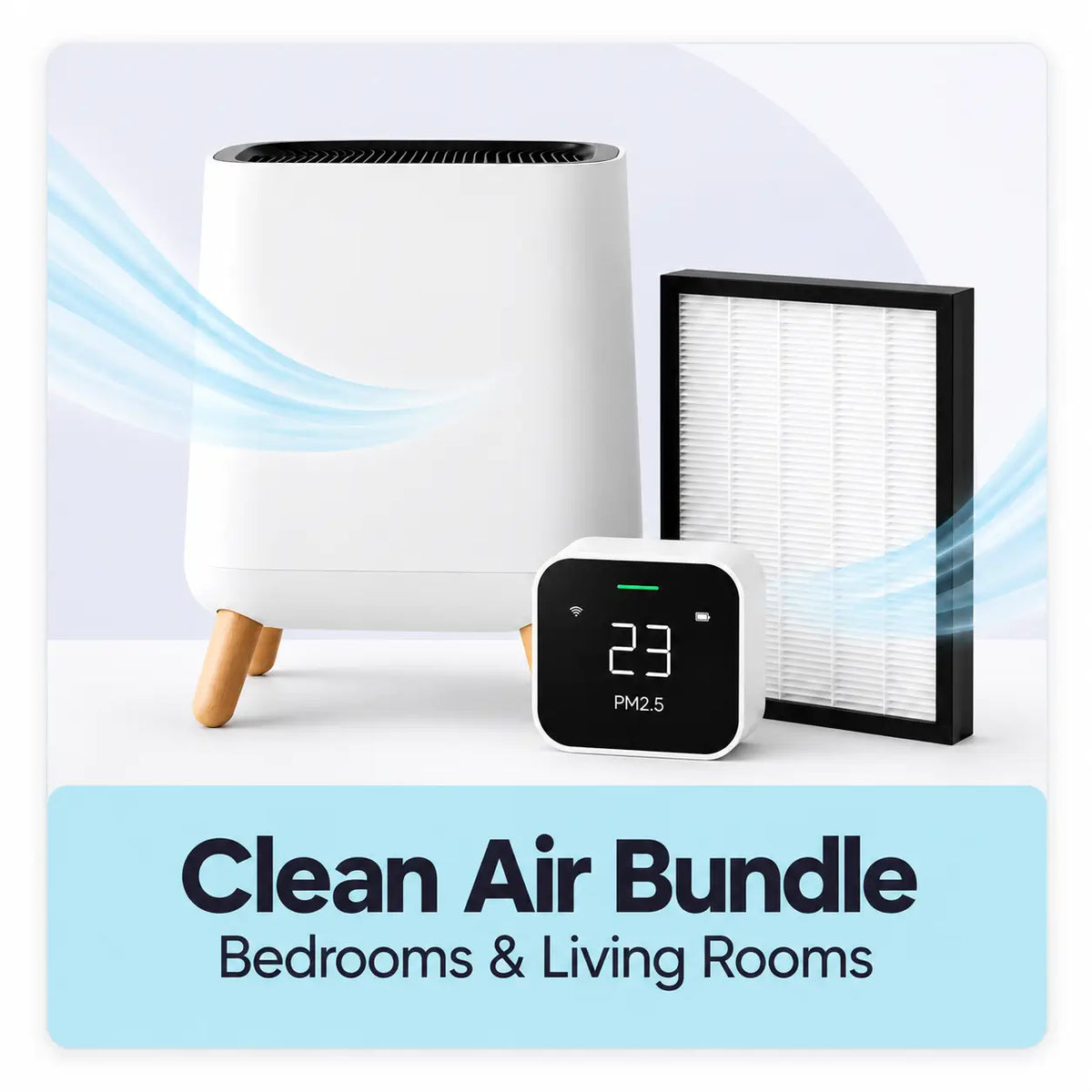 Clean Air Bundle for allergy and dust mite sensitive households featuring a white Smart Air Sqair air purifier with wooden legs, a black-framed replacement filter, and a small digital Quingping PM2.5 monitor, shown against a light background with blue airflow graphics and a text banner reading 'Clean Air Bundle Bedrooms & Living Rooms'.