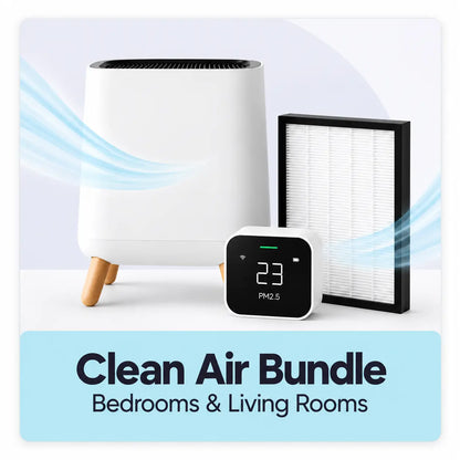 Clean Air Bundle for allergy and dust mite sensitive households featuring a white Smart Air Sqair air purifier with wooden legs, a black-framed replacement filter, and a small digital Quingping PM2.5 monitor, shown against a light background with blue airflow graphics and a text banner reading 'Clean Air Bundle Bedrooms & Living Rooms'.