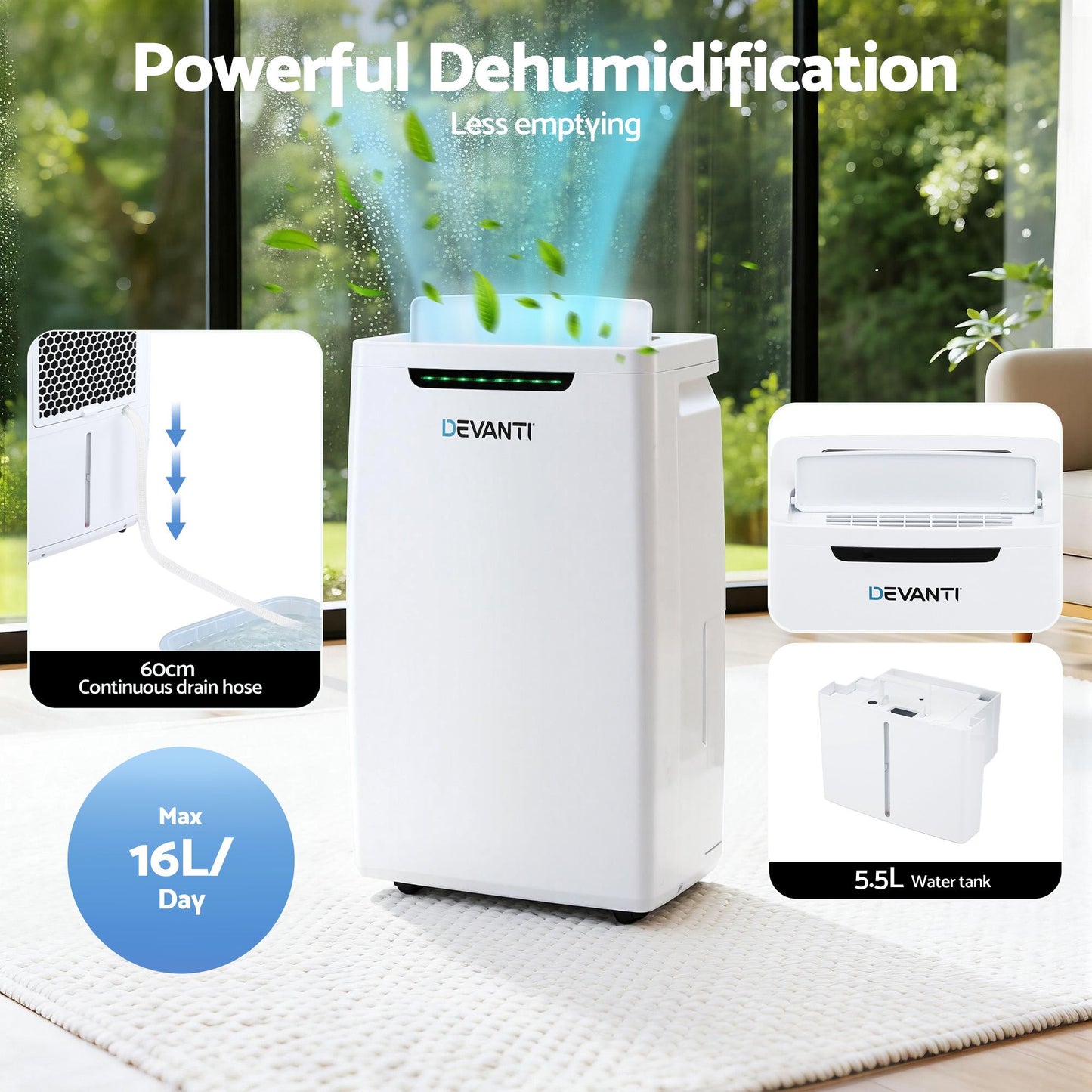 Devanti 16L Dehumidifier Portable Air Dryer Moisture Absorber 5.5L Water Tank Home