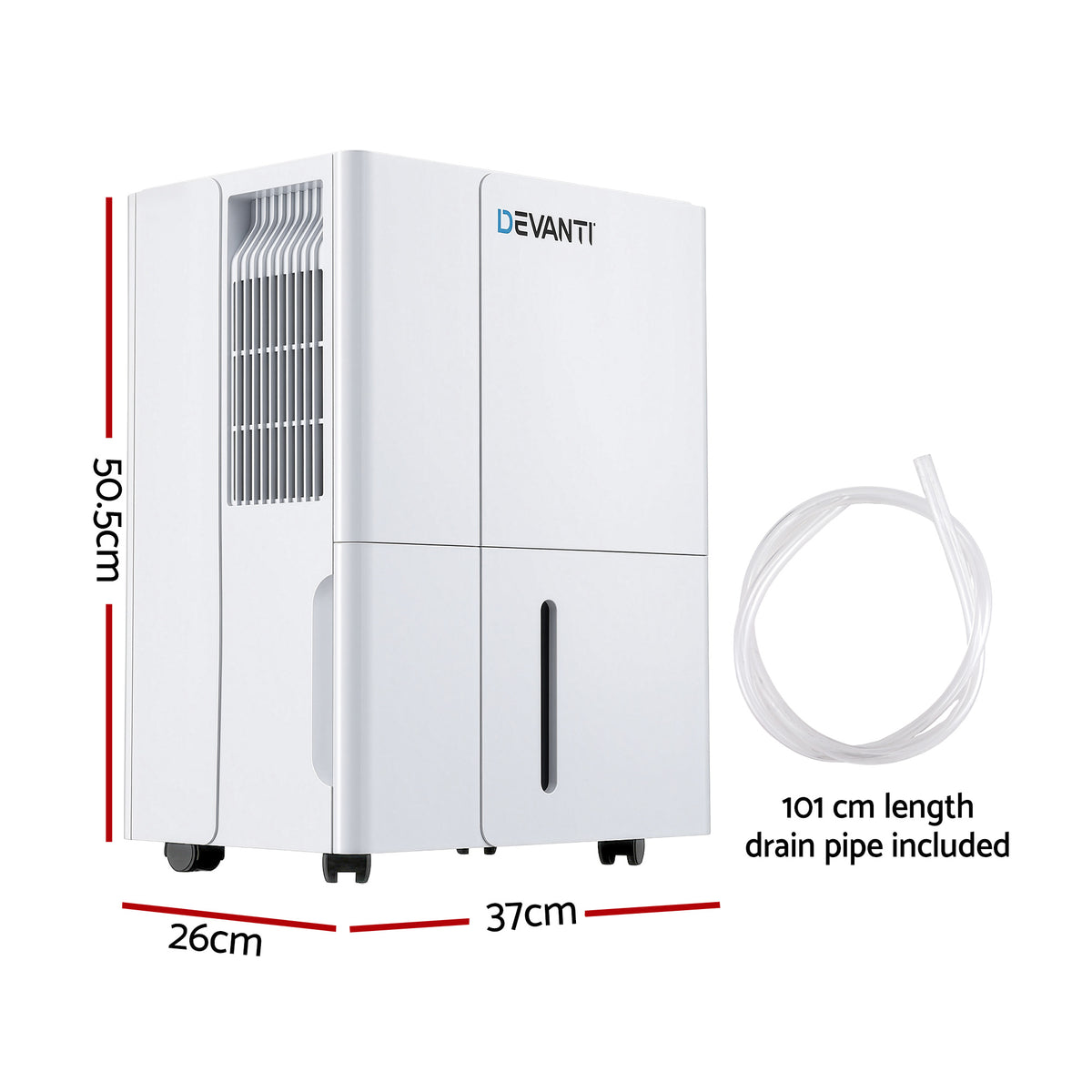 Devanti dehumidifier with dimensions and a drain pipe on a white background