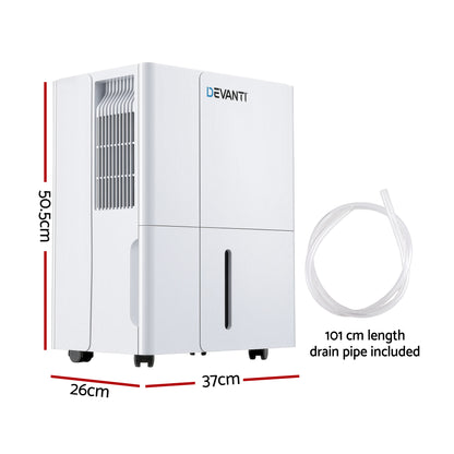 Devanti dehumidifier with dimensions and a drain pipe on a white background