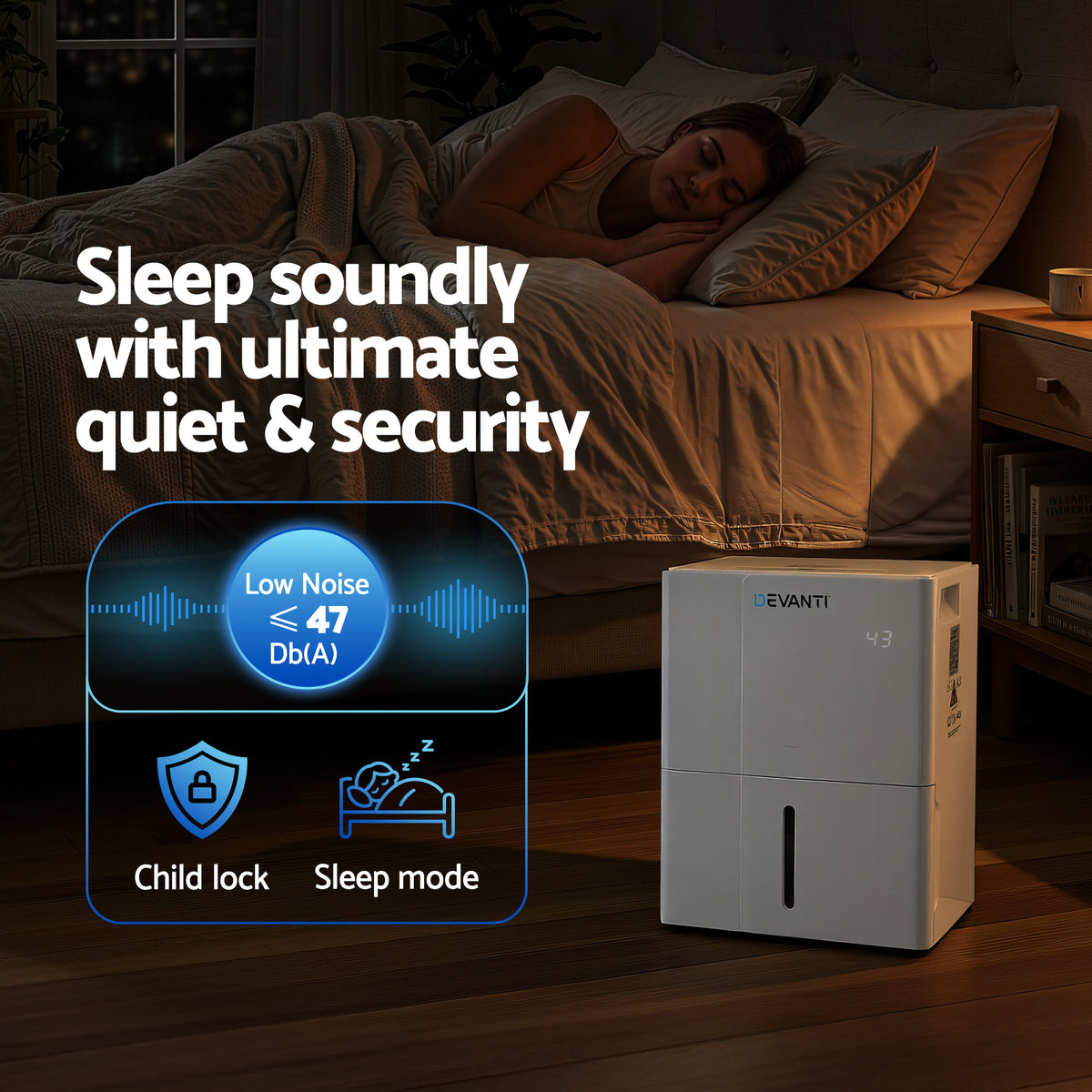 Dehumidifier in a bedroom with text highlighting features like low noise and child lock.