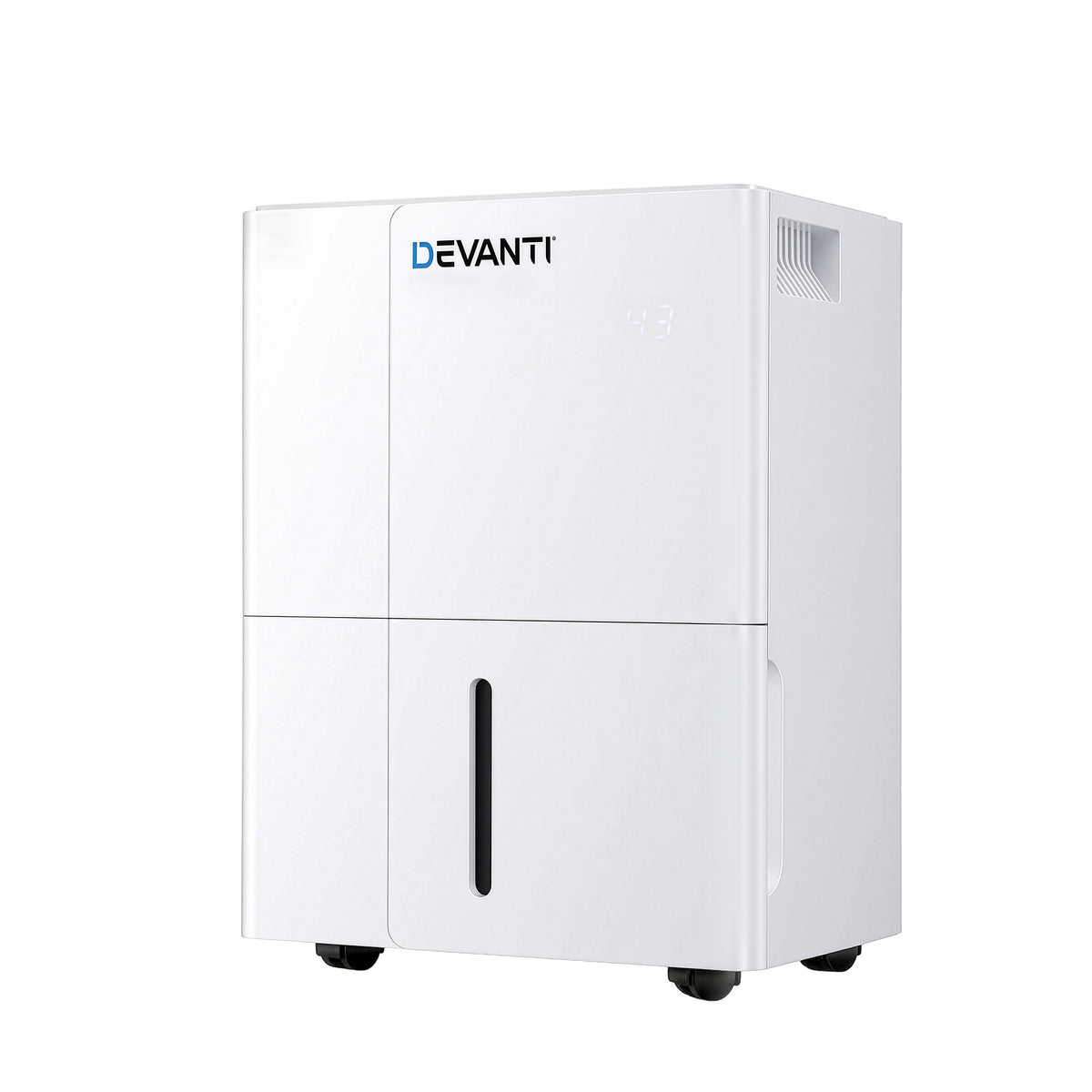White dehumidifier with 'Devanti' branding on a white background