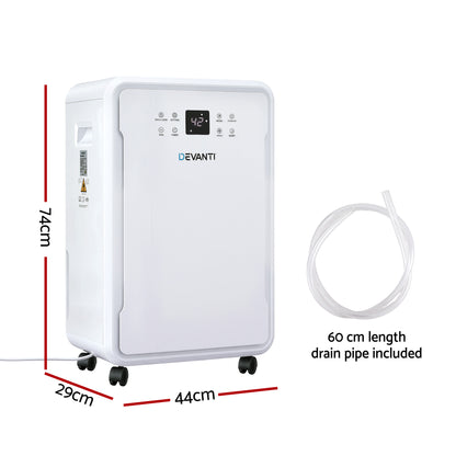 Devanti dehumidifier with dimensions and drain pipe length on a white background