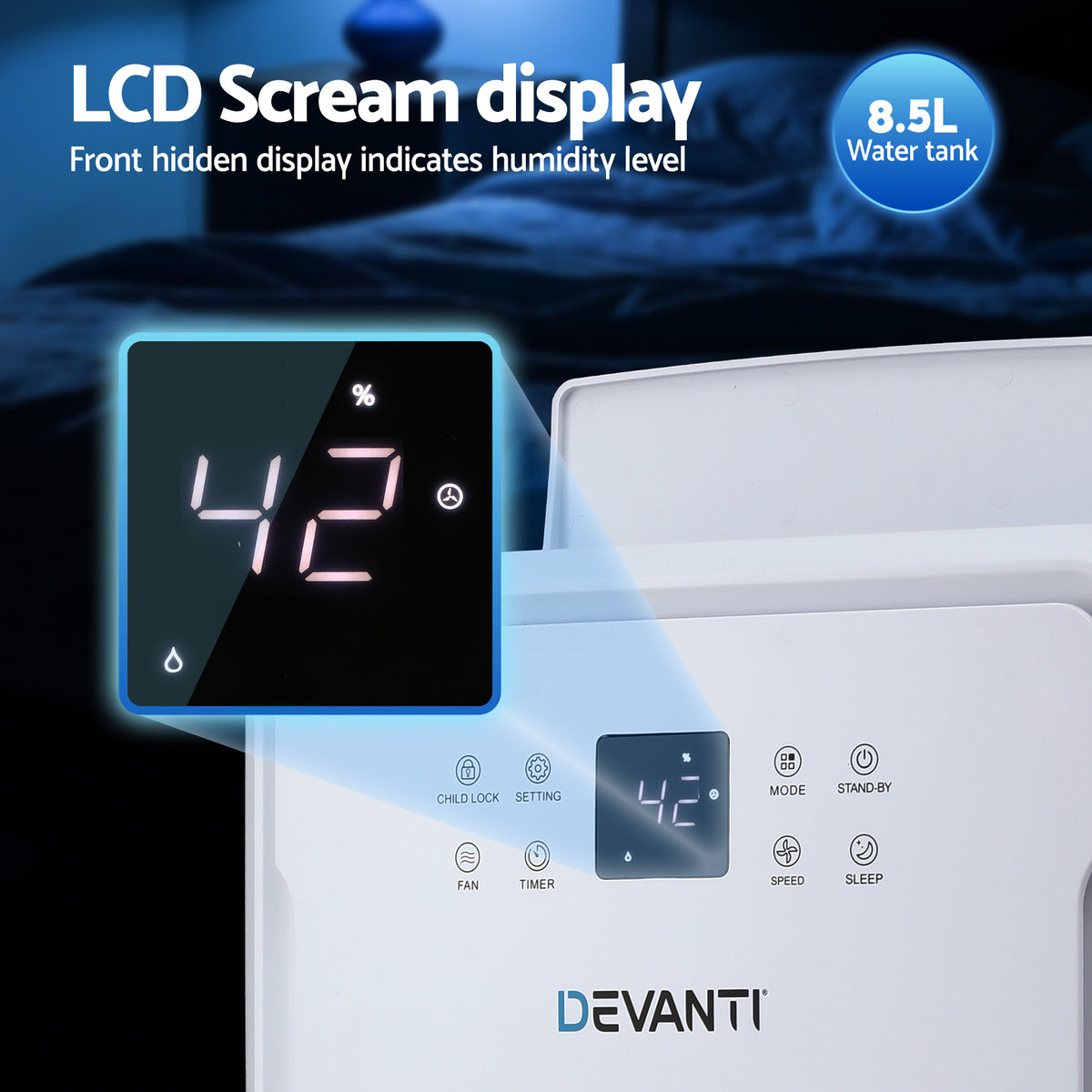 Devanti air purifier with LCD screen displaying humidity level and water tank capacity.