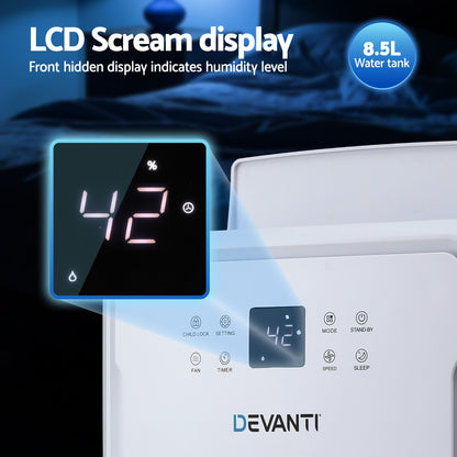 Devanti air purifier with LCD screen displaying humidity level and water tank capacity.