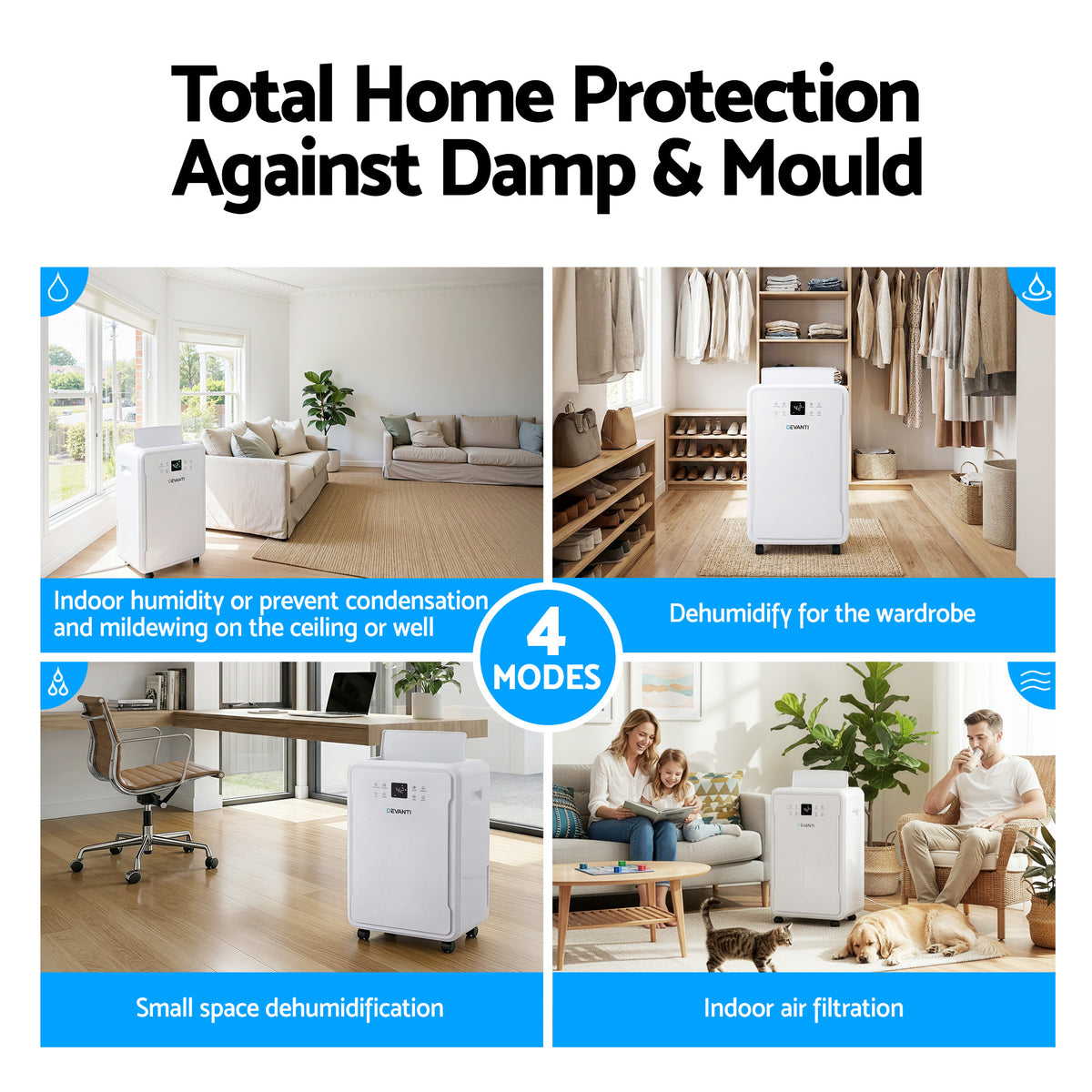 Dehumidifier with text 'Total Home Protection Against Damp & Mould' and images of its use in different rooms.